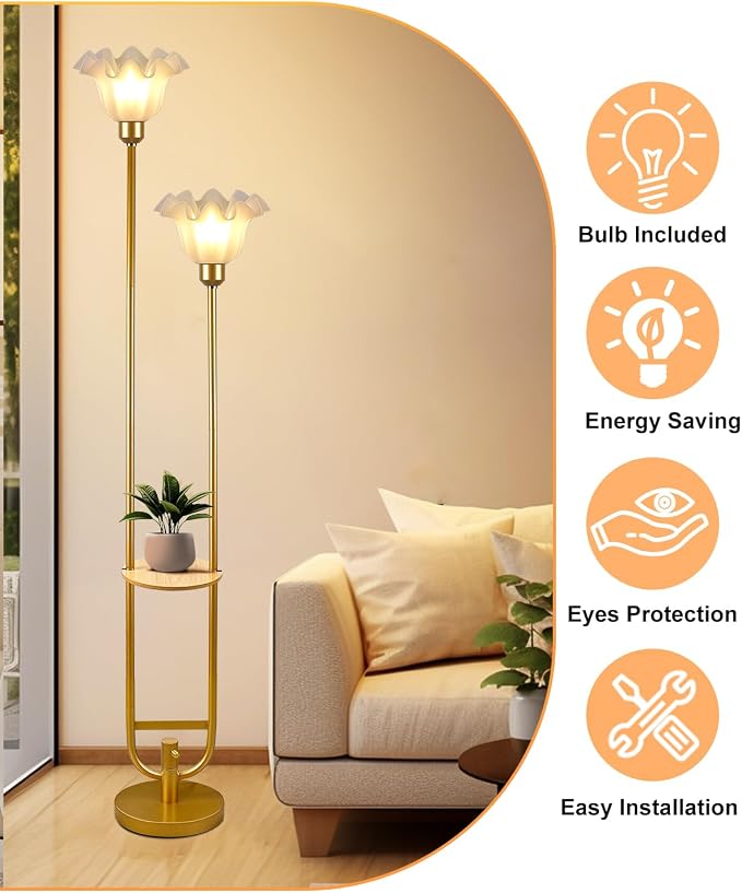 Lightdot Dimmable Flower Floor Lamp with Table for Living Room, Modern Mid Century Gold Metal Tall Standing Lamp with 5Lbs Heavy Base for Bedroom/Sofa Beside/Corner Decor (Bulb Included)