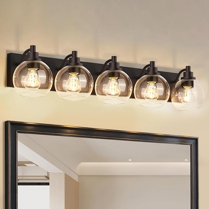 IZORRO Bathroom Light Fixtures, 5 Light Oil Rubbed Bronze Vanity Light, Modern Wall Sconces with Globe Clear Glass Shade, Vanity Lighting Fixtures Over Mirror,E26 Bulb Socket