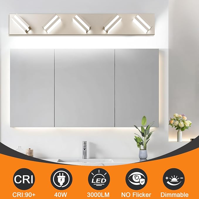 Bathroom Lights Fixtures Over Mirror, 360°Rotate Modern LED Vanity Lights for Bathroom, 40W Dimmable & High CRI Acrylic Wall Lighting, No Assembly Required (Brushed Nickel, 5-Light, 30 Inch)