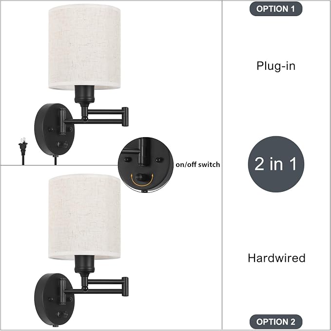 CADUKE Plug in Wall Sconce Set of 2, Swing Arm Wall Lamps | Modern, Bedroom Wall Light Fixtures, Linen Lampshade, For Reading Hallway Living Room