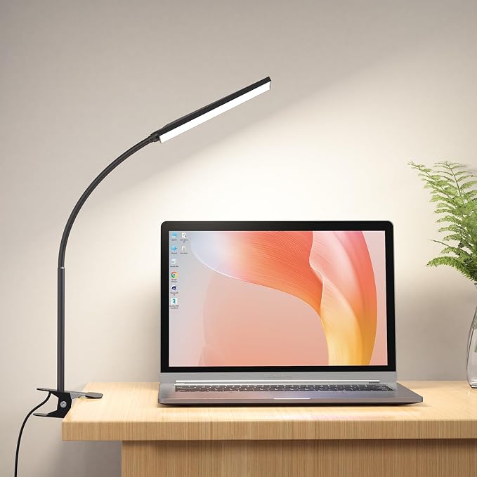 LED Desk Lamp, 5W USB Clip on Light Eye-Caring Reading Clamp Table Lamp with 48 LEDs Flexible Neck, 3 Color Modes and 14 Brightness Levels for Office Bedroom Study (Black)