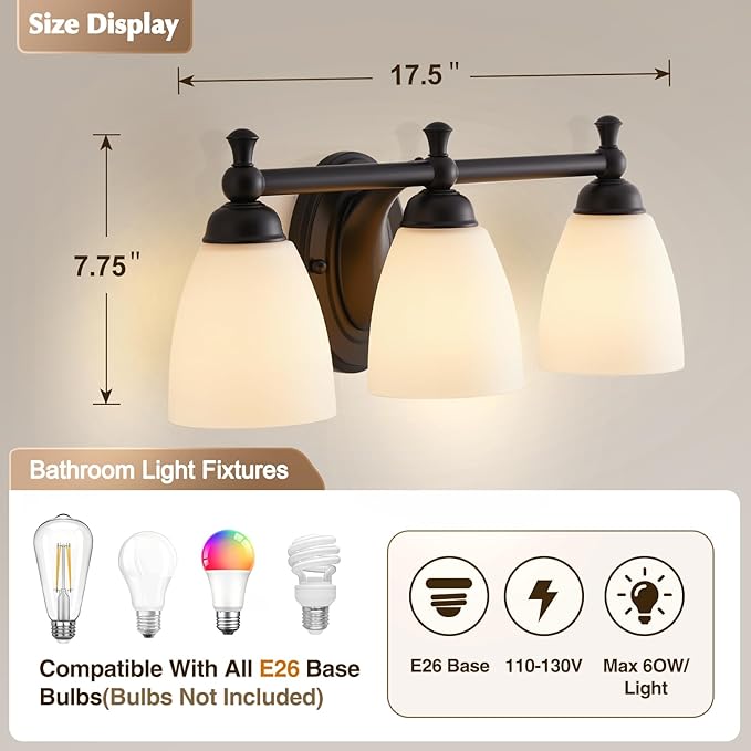 Vanity Lights for Bathroom, 3-Light Modern Vanity Light Over Mirror Black Bathroom Light Fixture Bedroom Wall Sconces Lighting for Living Room Cabinet