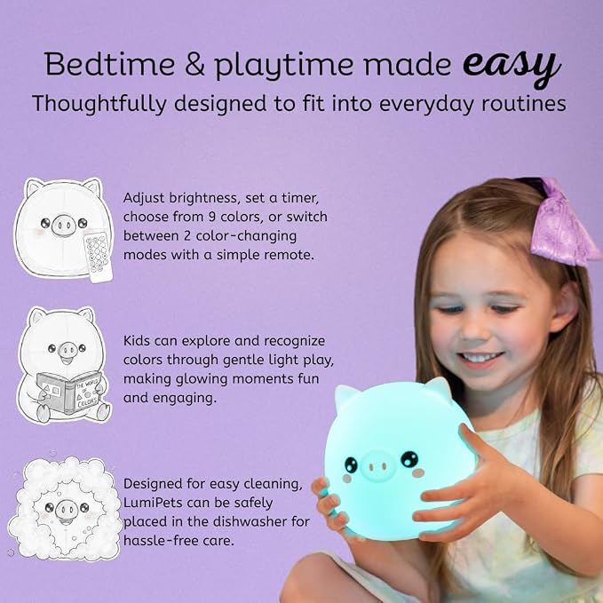 Pig Night Light with Remote, Squishy Silicone Lamp for Kids | Tap Control | Rechargeable 9-Color Changing Soft Glow | Nursery Nightlight for Kids | Portable Animal Nightlight | USB Cord