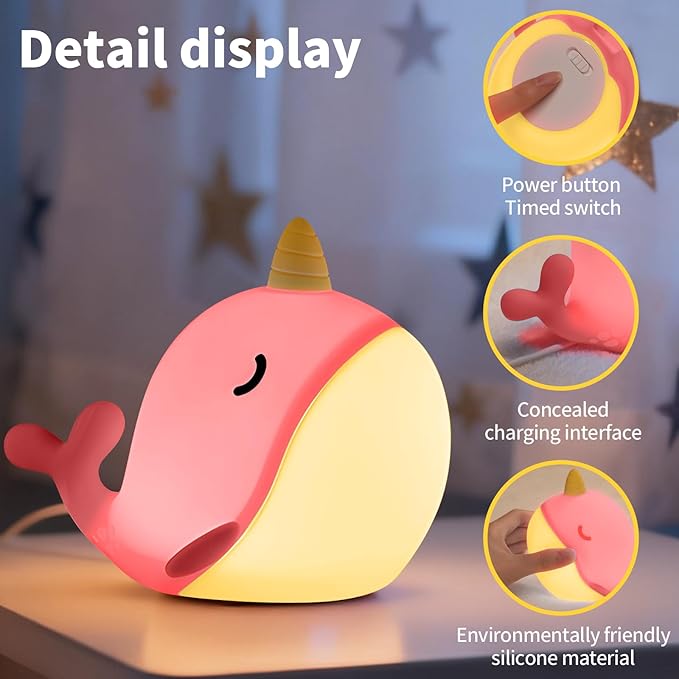 Cute Narwhal Night Light, Tap Control with 3 Warm White Brightness, USB Kids Bed Lamp with 30-Minute Timer, Soft Silicone Glow for Nursery, Birthday Gift(Pink Narwhal)