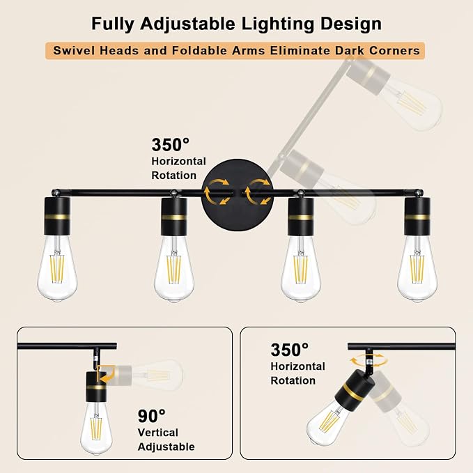 HiBay 4-Light Track Lighting, Rotatable Ceiling Spotlight, Black Gold, E26 | 4 heads for kitchen or dining room, adjustable black-gold design aims light where needed, E26 base for your own bulbs