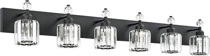 PRESDE 6-Light Crystal Bathroom Lights Fixtures Modern Matte Black Bathroom Lights Fixtures Over Mirror Bath Wall Lighting