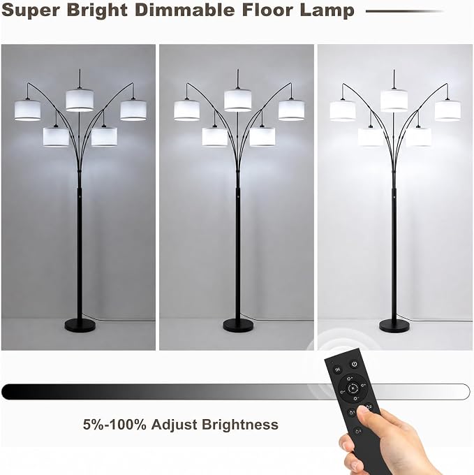 Floor Lamps for Living Room, 4000LM Super Bright Arc Floor Lamp with Remote Control, 5 Light Tall Floor Lamps with Stepless Dimmable, 80" Mid Century Tree Floor Lamp for Bedroom, Office