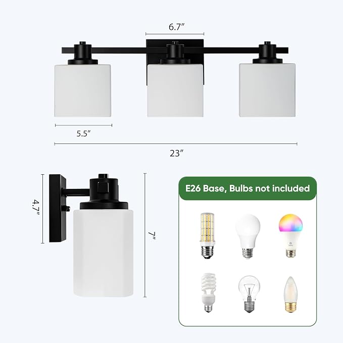 23 Inch Black Bathroom Light Fixtures over Mirror 3 Light Matte Black Vanity Light Milk Glass Makeup Shower Lamp Small Farmhouse Wall Sconce Modern Desk Vintage Rustic Bath above Sink Lighting