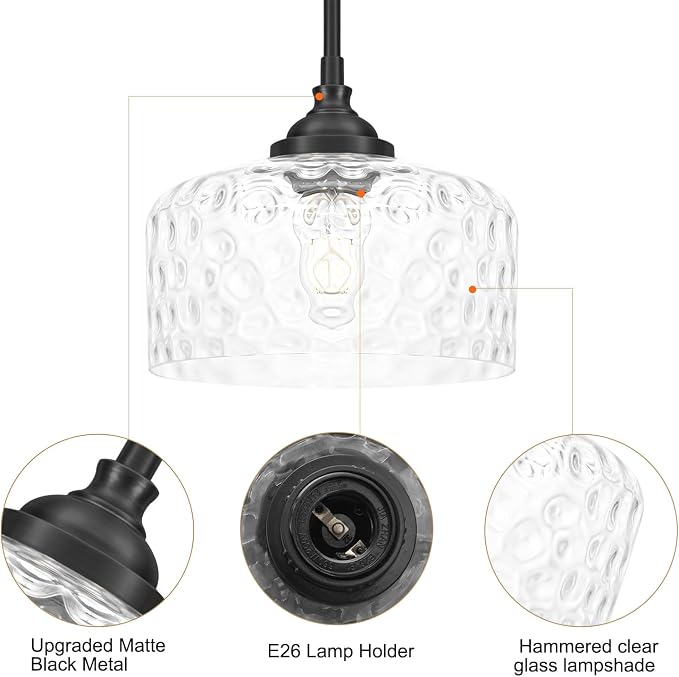 Daunton Black Pendant Light Fixtures, Pendant Lights Kitchen Island with Hammered Glass Shade for Modern Kitchen Island, Adjustable Hanging Ceiling Pendant Light for Dining Room Kitchen Sink Bathroom