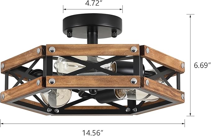 2 Pack 3-Light Rustic Farmhouse Wood Flush Mount Ceiling Light Fixture Oak Wood and Metal Cage Semi Flush Mount Ceiling Light for Hallway Hall Entry Bedroom Kitchen Farmhouse, Black