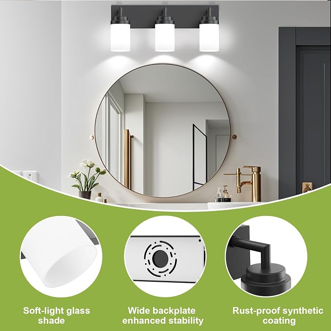 Bathroom Light Fixtures, Matte Black Bathroom Lighting Fixtures Over Mirror, Modern Vanity Light with White Glass Shade, Restroom Lighting Fixtures, 3-Light 22-inch