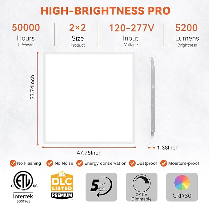 OKQ 2x2 LED Flat Panel Light Drop Ceiling Office Shop Commercial Warehouse Fixture, 5 CCT 3000K-6500K Adjustable & 5 Wattage Selectable,6000Lm 0-10V Dimmable, ETL Listed (48Pack)