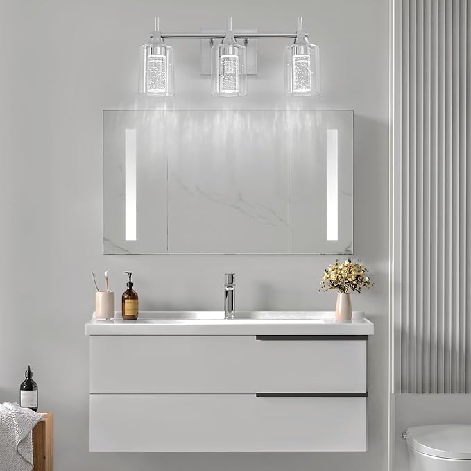 Vanity Light with 3 Color Modes (3000K/4000K/6000K), Eye Protection LED Bathroom Light Fixture, Dimmable Modern Wall Light Over Mirror with Clear Glass Shade (Brushed Nickel, 3-Light)