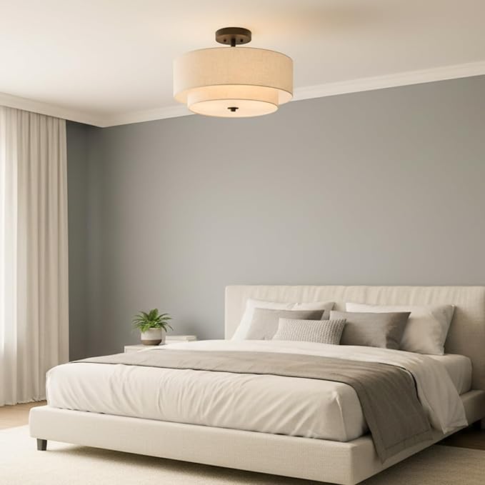 16" Semi Flush Mount Ceiling Light,3-Light,2-Layer Beige Linen Drum | Farmhouse Ceiling Light with Linen Fabric Shade,E26,Great for Living Room,Dining Rooms,Bedroom,Kitchen,Bulbs NOT Included