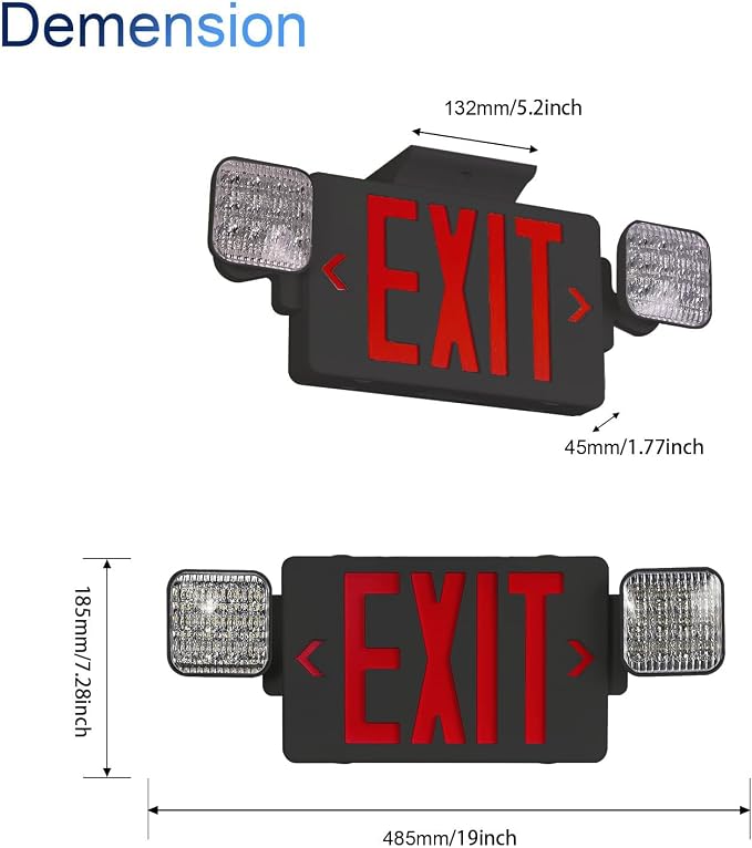 Black Red LED Exit Sign Emergency Light Combo, UL Listed Battery Backup | UL-listed commercial fire exit sign features 90-min battery backup, 360° rotating dual heads, and easy dual-mount setup.