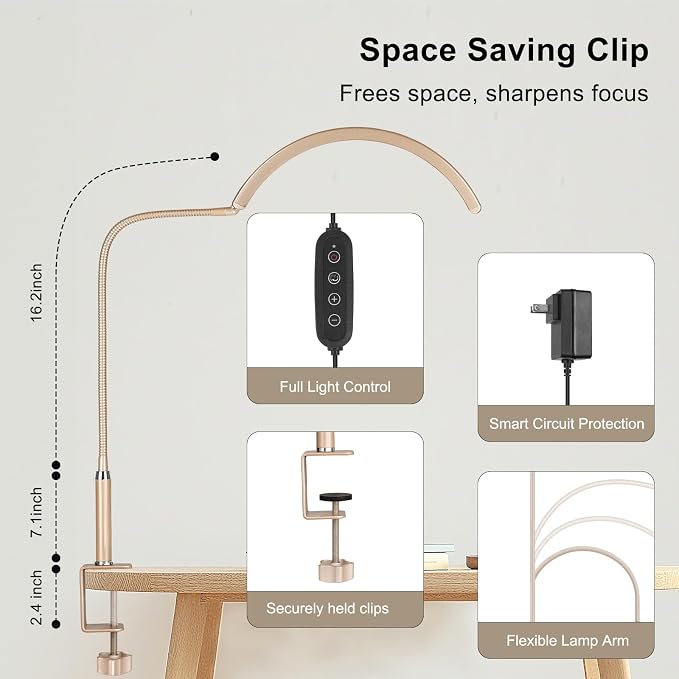 Professional Half Moon LED Desk Light for Nail Techs & Artists – Flexible Gooseneck Lamp with Clamp, 3 Color Modes & 5 Brightness Levels for Manicure, Tattoo, Beauty Work