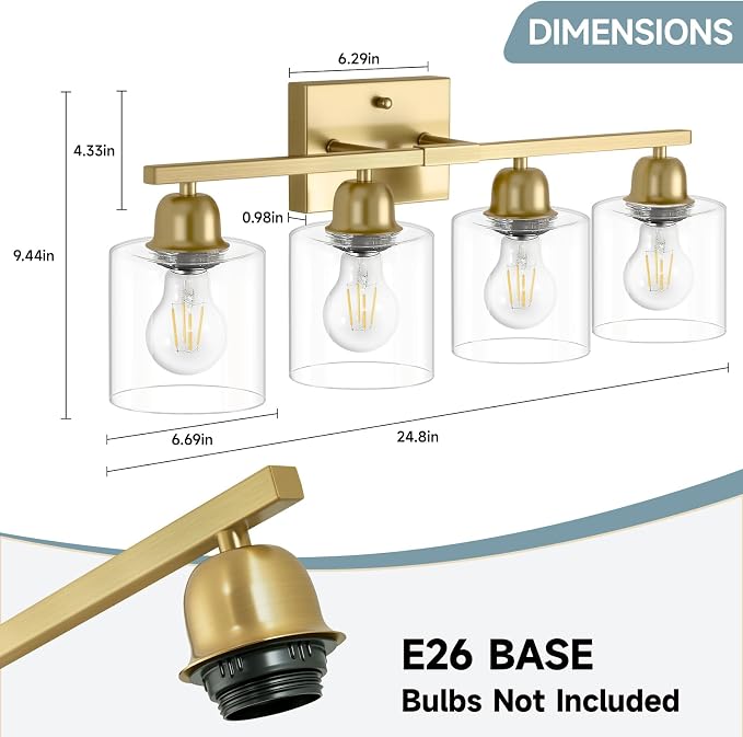 Modern Brushed Gold 4 Light Bathroom Light Fixtures, 24 inch Vanity Lights for Bathroom with Clear Glass, Bathroom Vanity Light for Mirror Kitchen Living Room Hallway Cabinet Porch