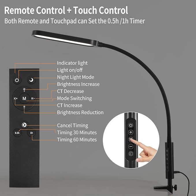 LUJOLUMIN 18W LED Clamp on Lamp with Remote Control and US Adapter | Metal Super Bright 3000LM Task Light, CRI 95, 3 Colors, for Office Desk Reading