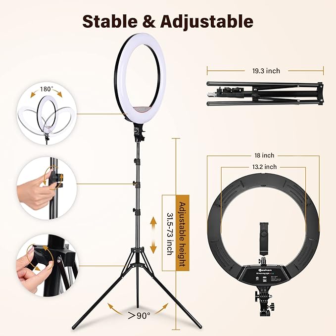 Yesker Ring Light with Tripod Stand and Phone Holder 18 Inch RGB Ringlight 25 RGB Modes Bi-Color Adjustable 2700–7000K LED Selfie Halo Light Kit for Live Stream Photography Zoom Makeup Youtobe Tiktok
