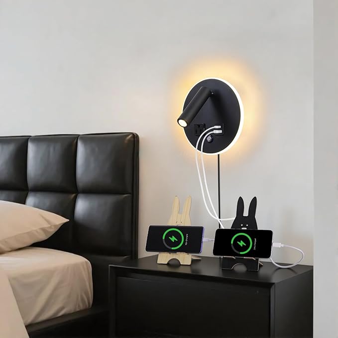 LED Round Wall Sconce with Dimmable Light, 6W+3W 3000K Night Light, Adjustable Plug-in Headboard Lamp with USB & USB-C Ports, Bedside Reading Light for Bedroom(Black)