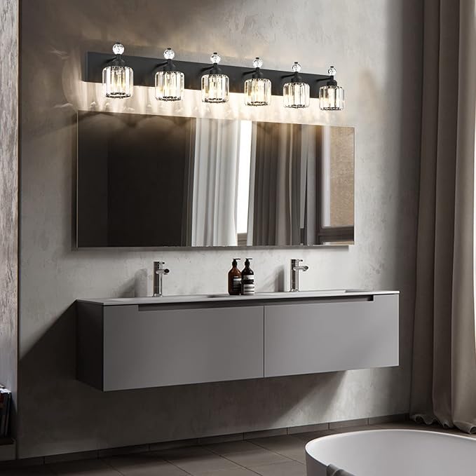 PRESDE 6-Light Crystal Bathroom Lights Fixtures Modern Matte Black Bathroom Lights Fixtures Over Mirror Bath Wall Lighting