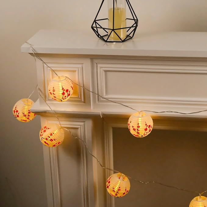 RJZZ Chinese New Year Decorations 2026 Lunar New Year Decorations 2026 9.4FT Cherry Blossom Lights Plum Blossom Lantern String Lights Battery Operated 10 Count Japanese Decor Chinese Lanterns Lights