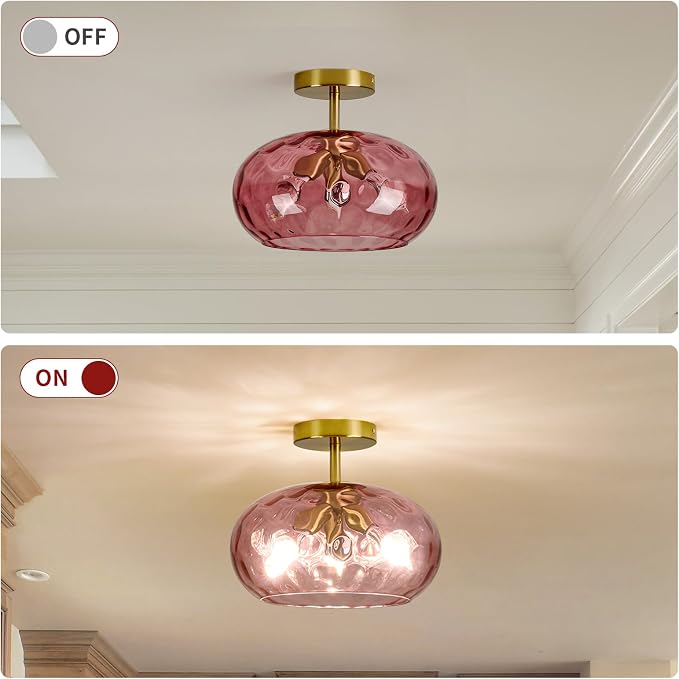 Vintage Semi Flush Mount Ceiling Light ,12″ Art Deco Red Hammered Glass | Gold,Mid Century,Whimsical,MCM,Unique Cute Retro Light Fixtures for Girls Bedroom,Entryway Laundry Room Kitchen Closet Foyer