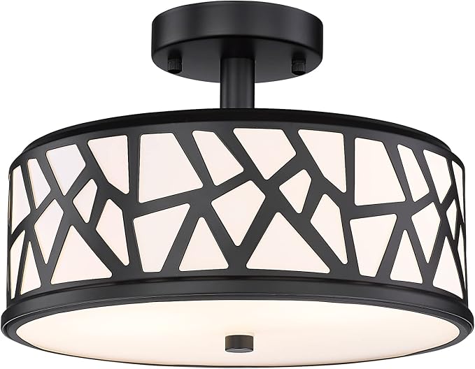 Farmhouse Semi Flush Mount Ceiling Light, 2-Light Black Metal Finish Ceiling Light Fixture, 13-Inch Light Fixture with Frosted Glass Shade for Hallway, Bedroom, Kitchen, Dining Room, Entryway