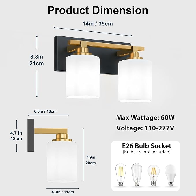 Black and Gold Bathroom Light Fixture, Modern 2 Light Vanity Lights for Bathroom Lighting Fixtures Over Mirror, White Glass Lampshade, Master & Guest bathrooms Bathroom Remodel, 14-inch
