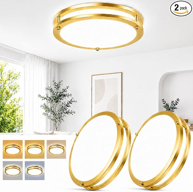 2-Pack 36W Dimmable LED Ceiling Light Fixtures, 13Inch 3600lm Super Bright Gold Flush Mount Ceiling Lights, 2700K/3000K/4000K/5000K/6500K Adjustable Modern Ceiling Lamps for Bathroom Bedroom Kitchen