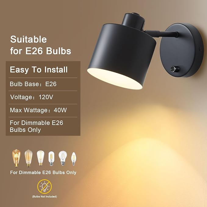 Lightess Black Farmhouse Hardwired Wall Sconce with Dimmer Switch Set of 2 | Dimmable Switch Wall Lights Industrial Rustic Housing, Hardwired Mount Works Great For Bedroom Hallway Living Room Indoor