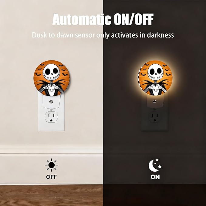 Mugod Funny Halloween Skeleton Plug-in Nightlights Bats Night Light Plug into Wall with Dusk-to-Dawn Sensor LED Lighting 0.5W Sleep-Friendly