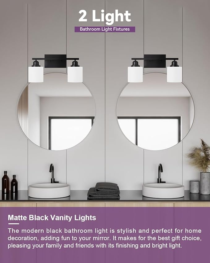 Modern Bathroom Lights - 2-Light Vanity Fixtures with Milky White Glass Shades, Anti-Rust Matte Black Finish, E26 Base