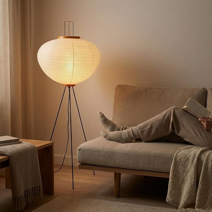 Noguchi Japanese Rice Paper Floor Lamp • 3000K Akari Standing Light for Living Room Bedroom, Modern Paper Lamp Design, Warm White Ambiance Lighting