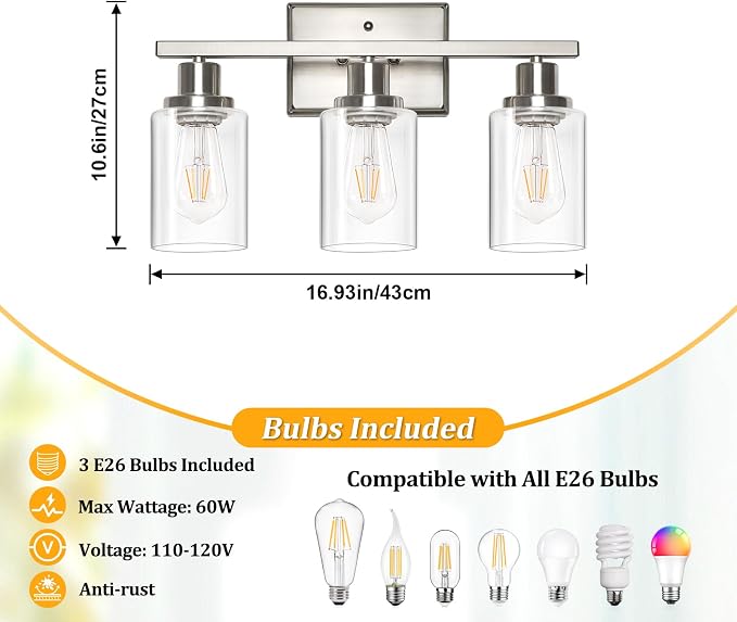 Ascher Bathroom Light Fixtures, 3 Light Vanity Light with LED Bulbs Included, Brushed Nickel Wall Sconces with Clear Glass Shades for Mirror, Kitchen, Living Room, Hallway, Cabinet