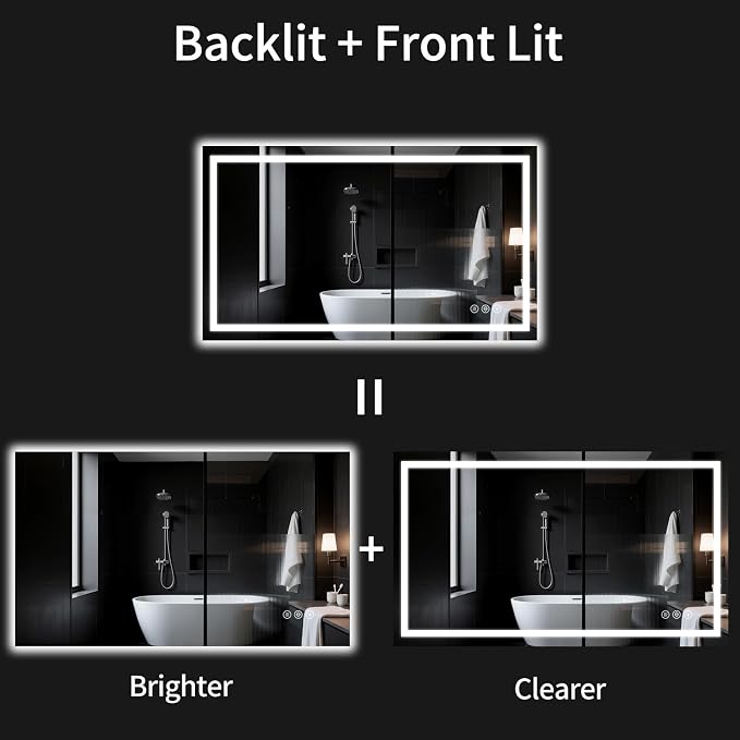 36"x55" LED Bathroom Mirror with Lights, Dimmable，Anti-Fog，Bathroom Vanity Mirror for Wall, Backlit + Front Lit, Memory Function, Shatter-Proof，Tempered Glass