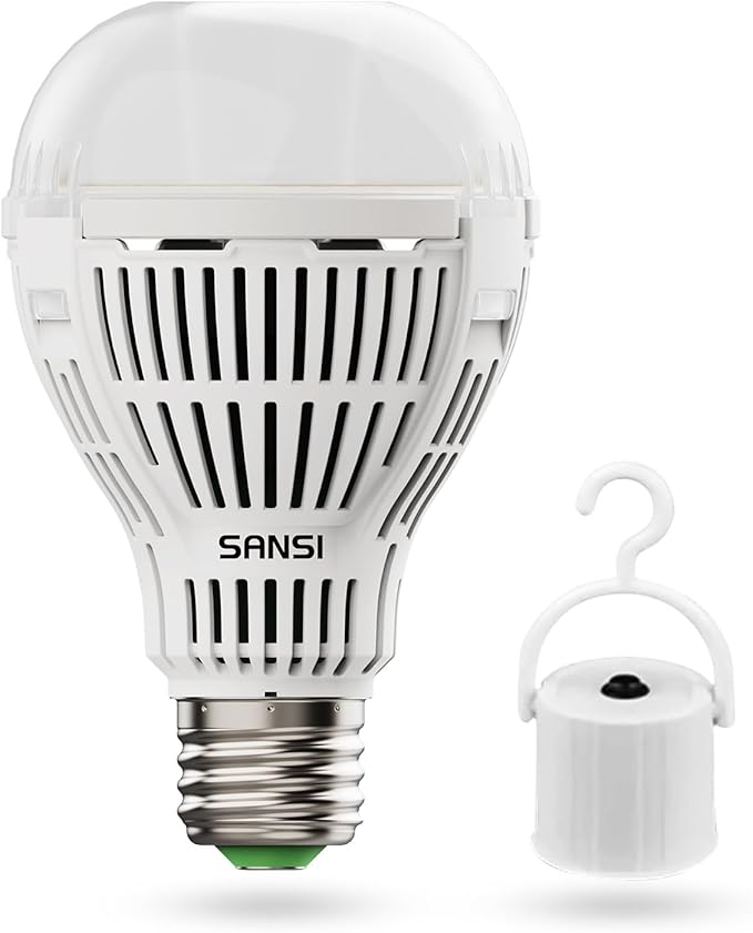 SANSI Rechargeable Emergency Light Bulb, Battery Powered 2000mAh A19 LED Light Bulb, 1800LM 6500K Cool White E26 120W Equiv. 12W Backup Light with Hook for Home Power Outage Camping