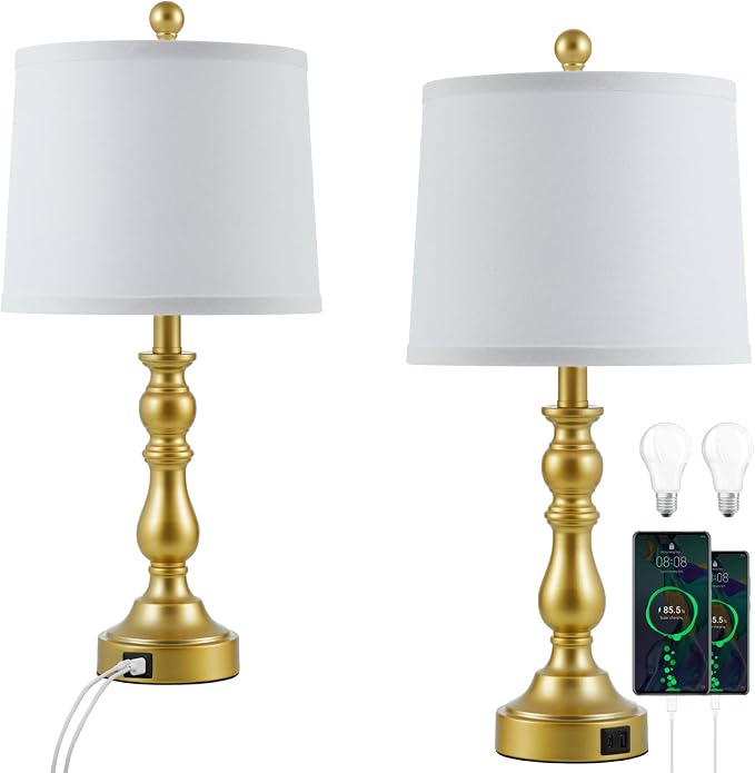 Farmhouse Side Table Lamps for Living Room Set of 2 with USB C+A Ports, Bedside Lamp for Bedroom, Dining Room Decor, Office, End Table, Knob Switch, 3 Color Temperatures, Bulb Included, Gold
