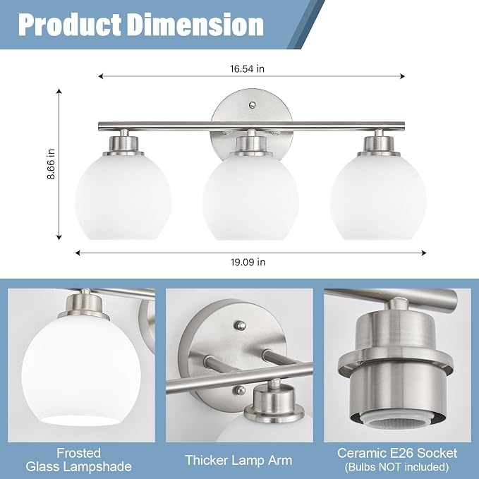 Brushed Nickel Bathroom Light Fixtures, 3-Light Modern Vanity Lights Over Mirror with Clear Glass Globe Shade, Bathroom Wall Sconces for Mirror