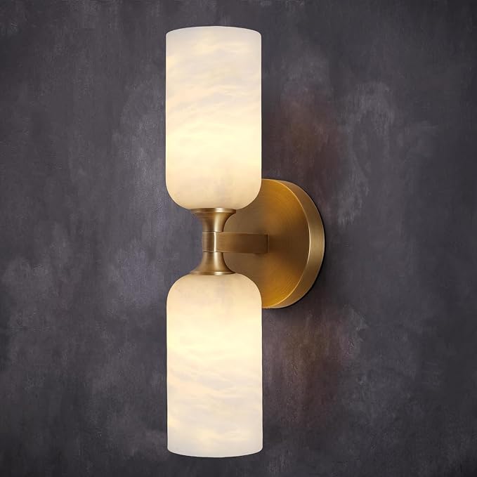Alabaster Wall Sconces, 14" Modern Spanish Natural Marble Vanity Light, Dimmable Hardwired Brass Gold Wall Sconce Lighting for Bathroom Mirror, Bedroom, Living Room, Luxury Stone Wall Fixtures (1 Pcs)