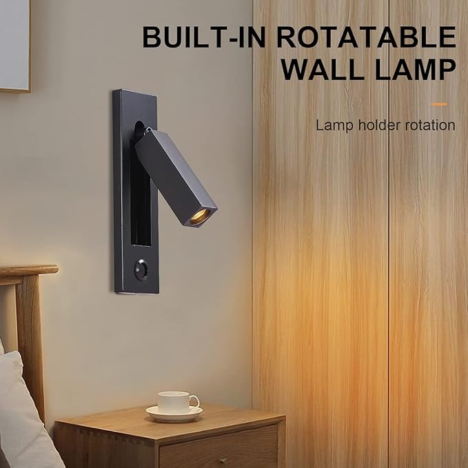 LED Wall Light Bedside Reading Light, with Button Portable Charging Port, Lift Down Control Switch,Hardwire Recessed Unplugged (Black)