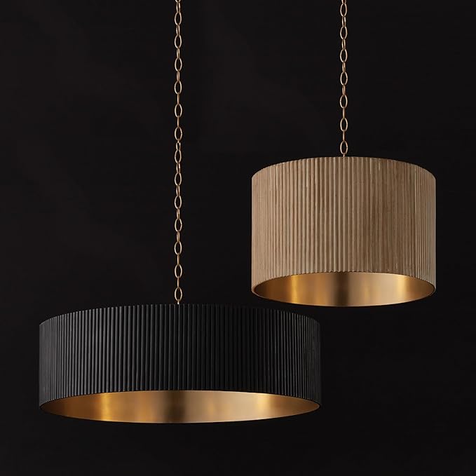 Capital Lighting 350741WS Donovan Mid-Century Modern Artisan Luxe Fluted Mango Wood Drum Pendant Ceiling Light, 3-Light 180 Total Watts, 15" H x 20" W, White Wash and Matte Brass
