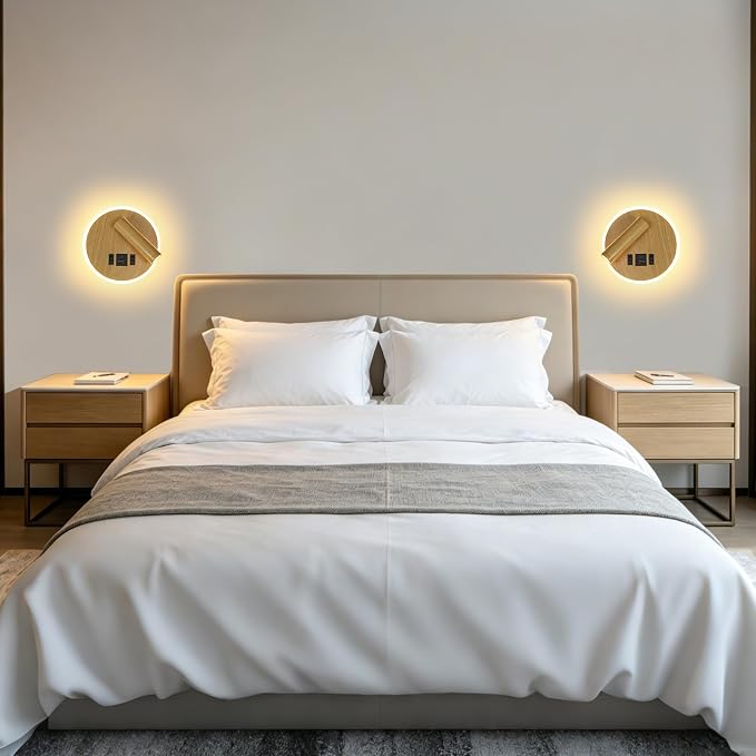 Reading Light for Bed with Plug in Wall Sconce&Hardwired Install | Wall Lamp for Bedroom with USB C+A Ports, Bedside Reading Lamp With 9W Night Light, Wood Color Reading Light Adjustable Angle
