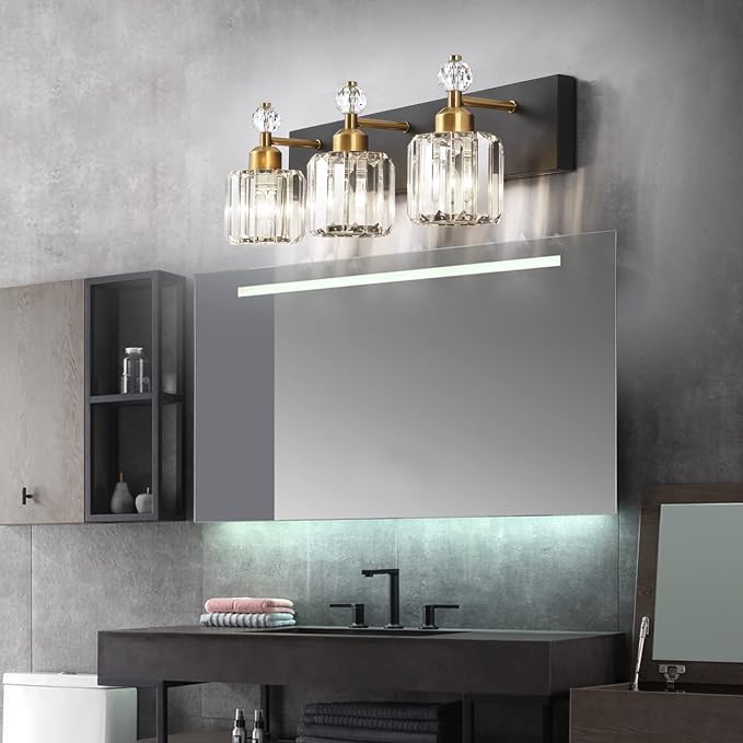 PRESDE Crystal 3 Light Bathroom Vanity Lights Black and Gold Bathroom Lights Fixtures Over Mirror Modern Bath Wall Lighting