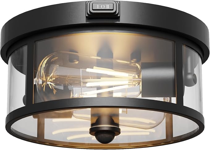 Outdoor Ceiling Light with Motion Sensor 9.3in - Porch Lights Outdoor, E26 Base, Flush Mount, 360° Detection, 3 Modes (Auto/Dusk to Dawn/Always-on), Farmhouse Ceiling Light for Porch, Entryway