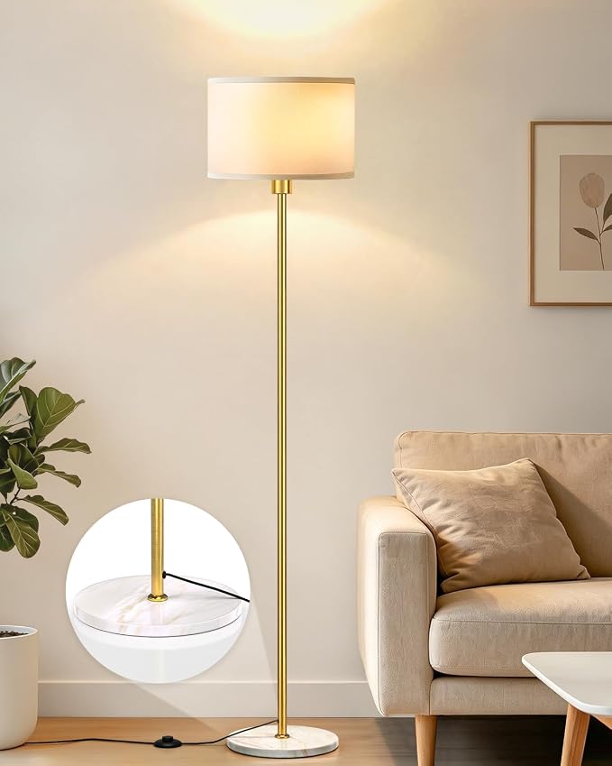 63" Gold Floor Lamp for Living Room, Standing Lamp with Marble Base | Tall Pole Light with White Linen Shade, Modern Floor Lamp for Bedroom Reading Office Corner Nursery, Bulb Included