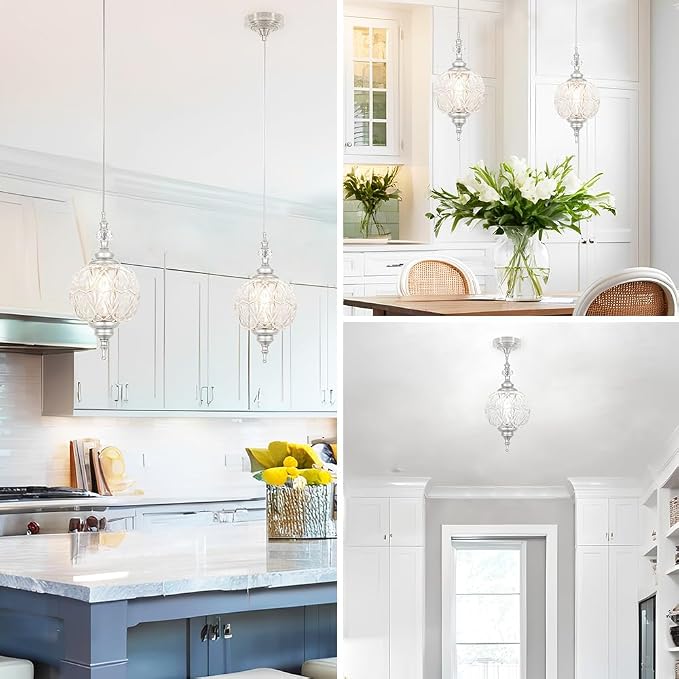 Brushed Nickel Pendant Lights Kitchen Island 2 Pack, Vintage Bathroom Pendant Light with Detachable Glass Shade, Adjustable Hanging Light for Kitchen Island Lighting, Farmhouse, G9 Base