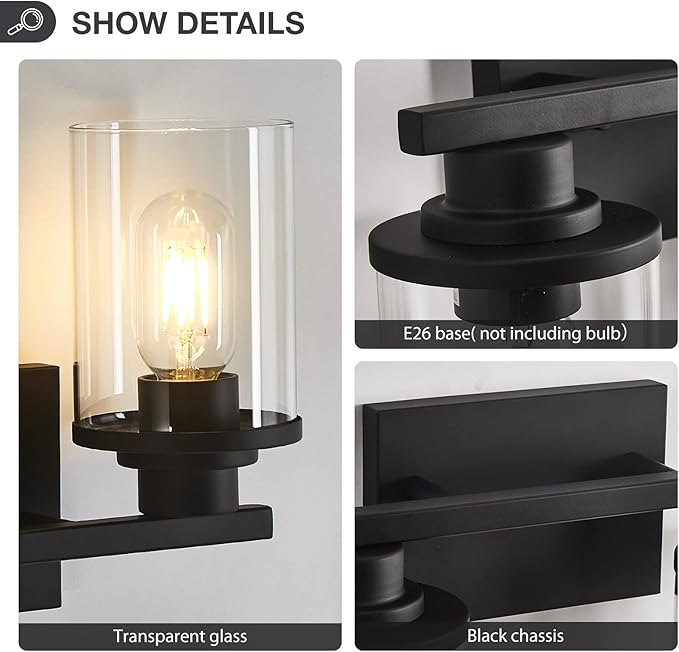 Bathroom Light fixtures, 2 Light Matte Black Bathroom Vanity Light, Vanity Lights with Metal Base and Clear Glass Shade, Wall Sconces Lighting for Bathroom, Mirror, Bedroom, Living Room, Hallway