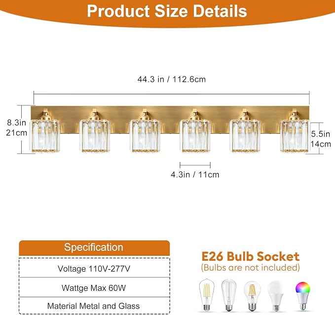 Gold Crystal Bathroom Vanity Light, 6-Light Modern Bathroom Lighting Fixtures Over Mirror,Chrome Wall Sconce Light Fixtures with Square Shade