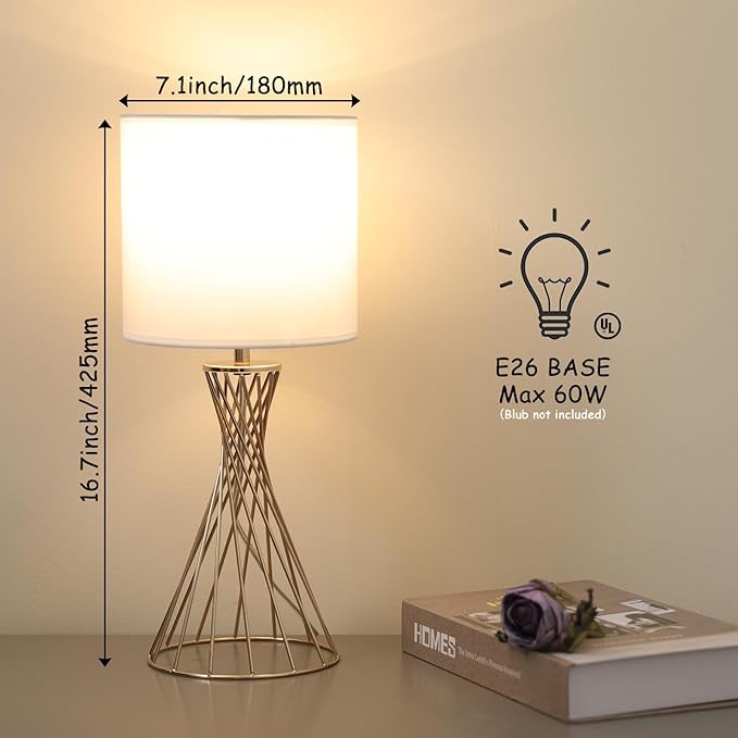 Gold Table Lamp, Small Cute Gold Desk Lamp, Nightstand Lamp, Modern Bedside Lamp with White Fabric Shade, Metal Geometric Hollow Out Base Lamps for Living Room Bedrooms Kids Room